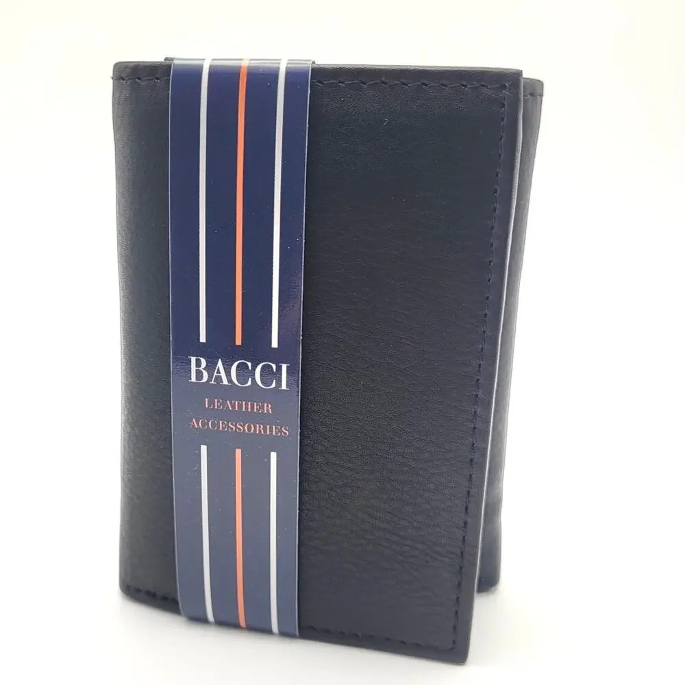 Bacci Black Leather Trifold Wallet Card Holder Billfold Minimalist Mens New Gift